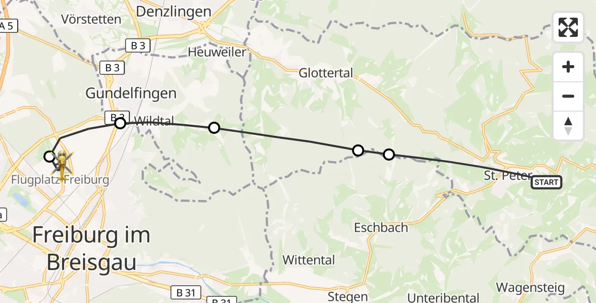 Flugroute Ambulanzhubschrauber St. Peter - Freiburg im Breisgau Flugplatz, 12 Juli 2026, 06:58