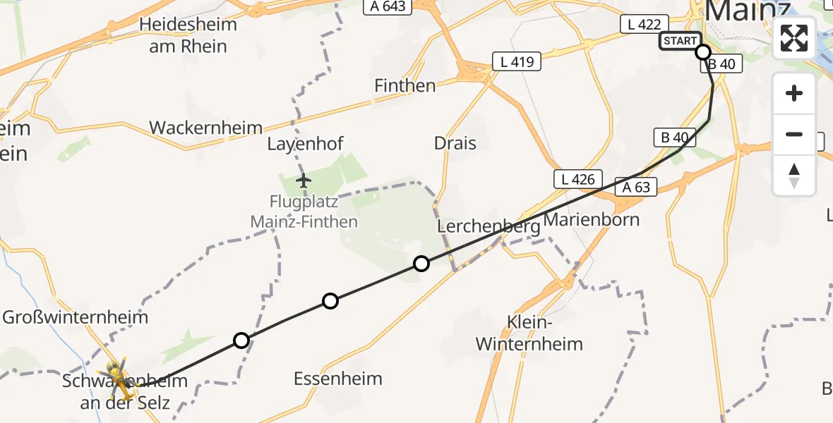 Flugroute Rettungshubschrauber Mainz University Hospital - Schwabenheim an der Selz, 12 Juli 2026, 07:02