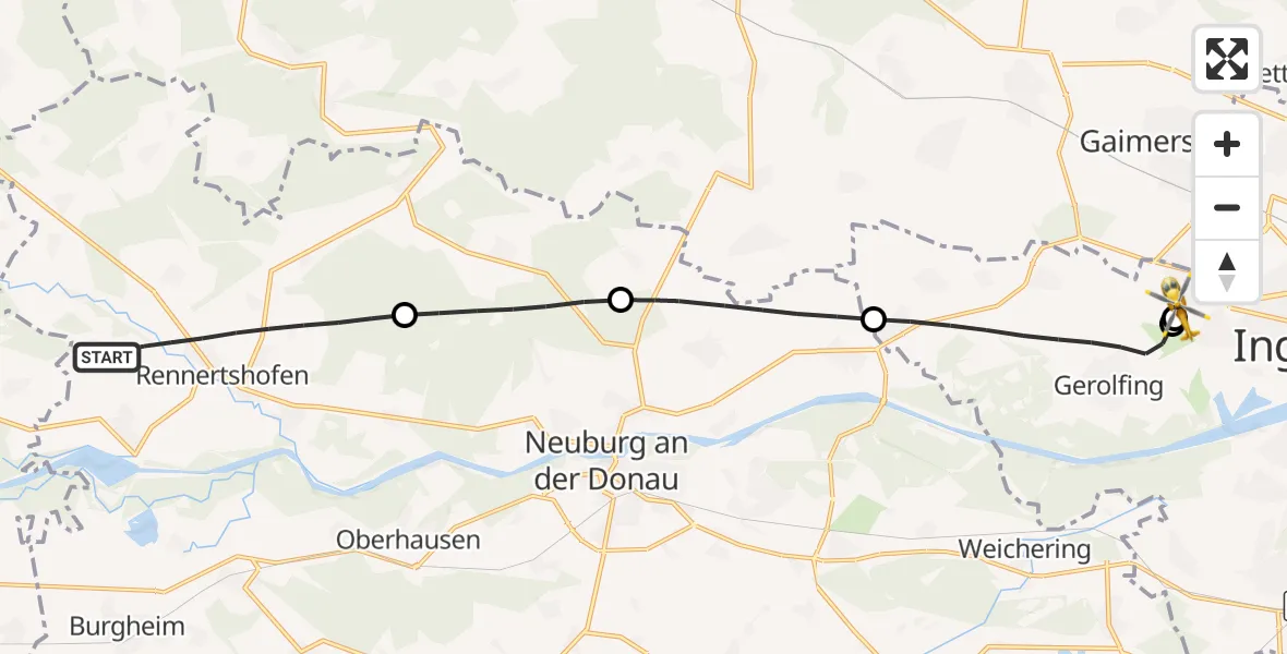 Flugroute Rettungshubschrauber Rennertshofen - Ingolstadt Hospital, 12 Juli 2026, 07:05