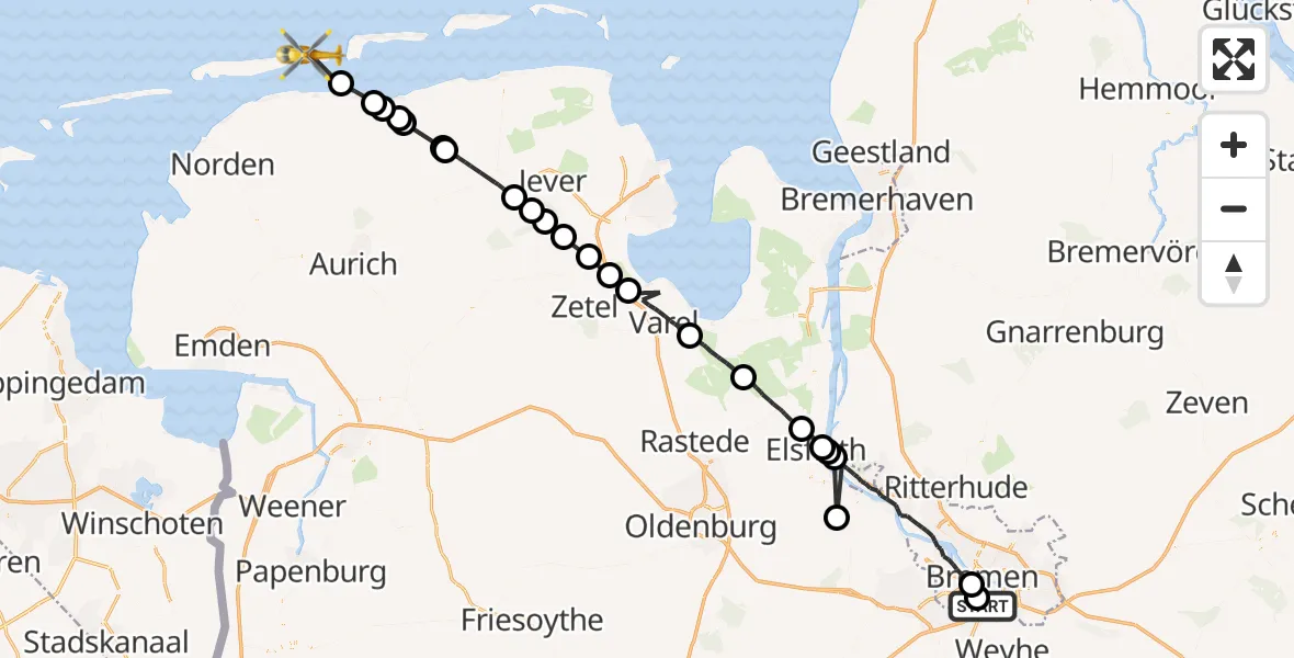 Flugroute Rettungshubschrauber Bremen - Noordzee, 12 Juli 2026, 07:11