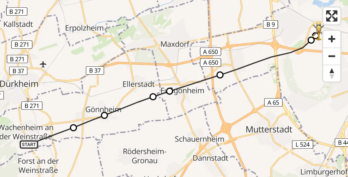 Flugroute Rettungshubschrauber Wachenheim an der Weinstraße - Ludwigshafen Accident Hospital, 12 Juli 2026, 07:16