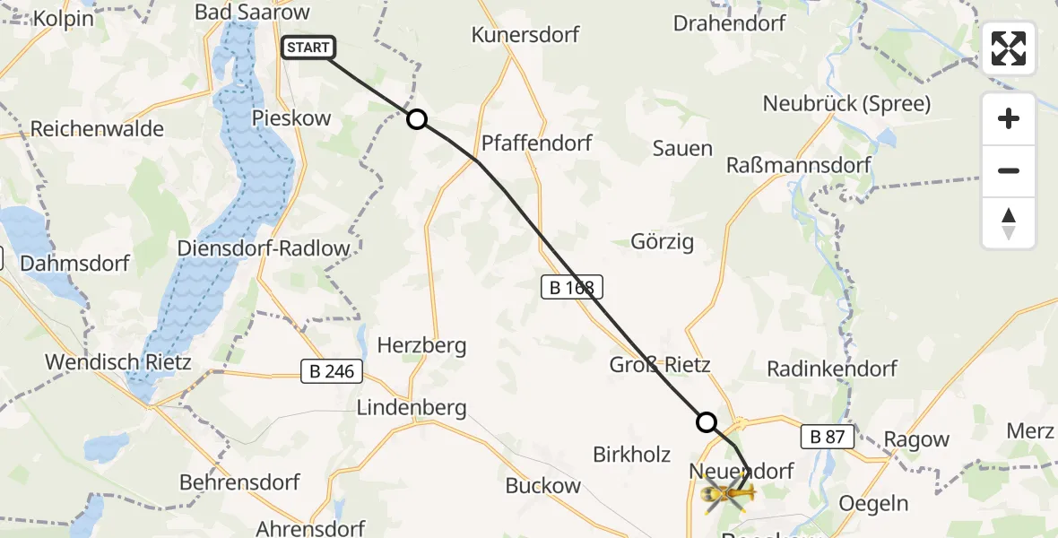 Flugroute Rettungshubschrauber Bad Saarow - Beeskow, 12 Juli 2026, 07:22