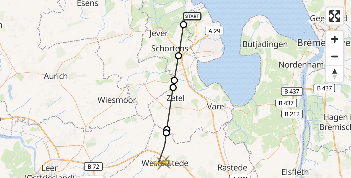 Flugroute Rettungshubschrauber Wilhelmshaven - Westerstede, 12 Juli 2026, 07:24