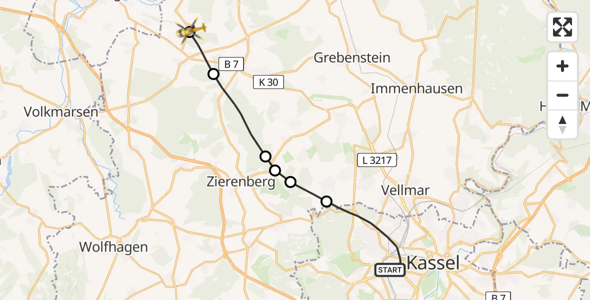 Flugroute Rettungshubschrauber Kassel - Liebenau, 12 Juli 2026, 07:27