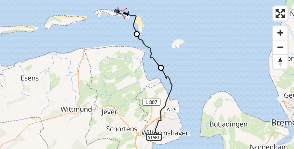Flugroute Polizeihubschrauber Wilhelmshaven - Noordzee, 12 Juli 2026, 07:30