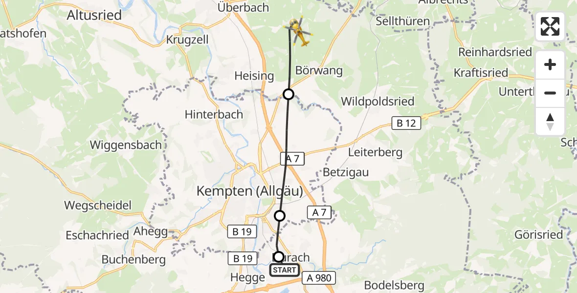 Flugroute Rettungshubschrauber Kempten-Durach Flugplatz - Haldenwang, 12 Juli 2026, 07:48