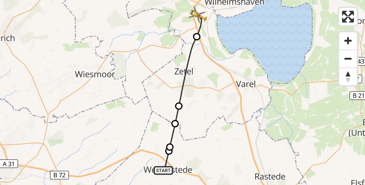Flugroute Rettungshubschrauber Westerstede - Sande, 12 Juli 2026, 07:56