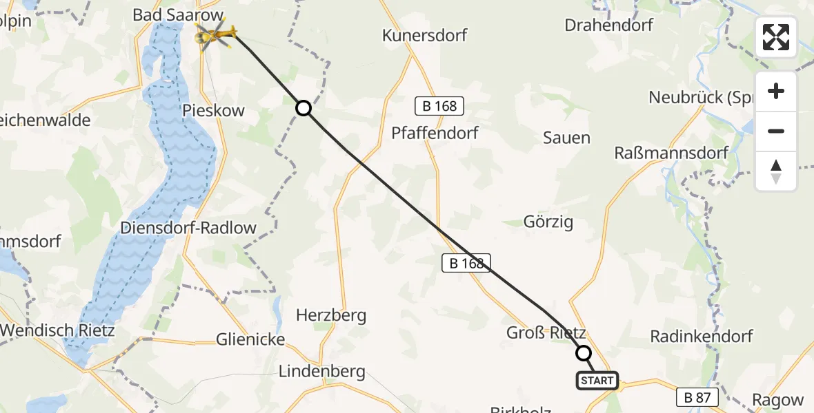 Flugroute Rettungshubschrauber Beeskow - Bad Saarow, 12 Juli 2026, 07:59