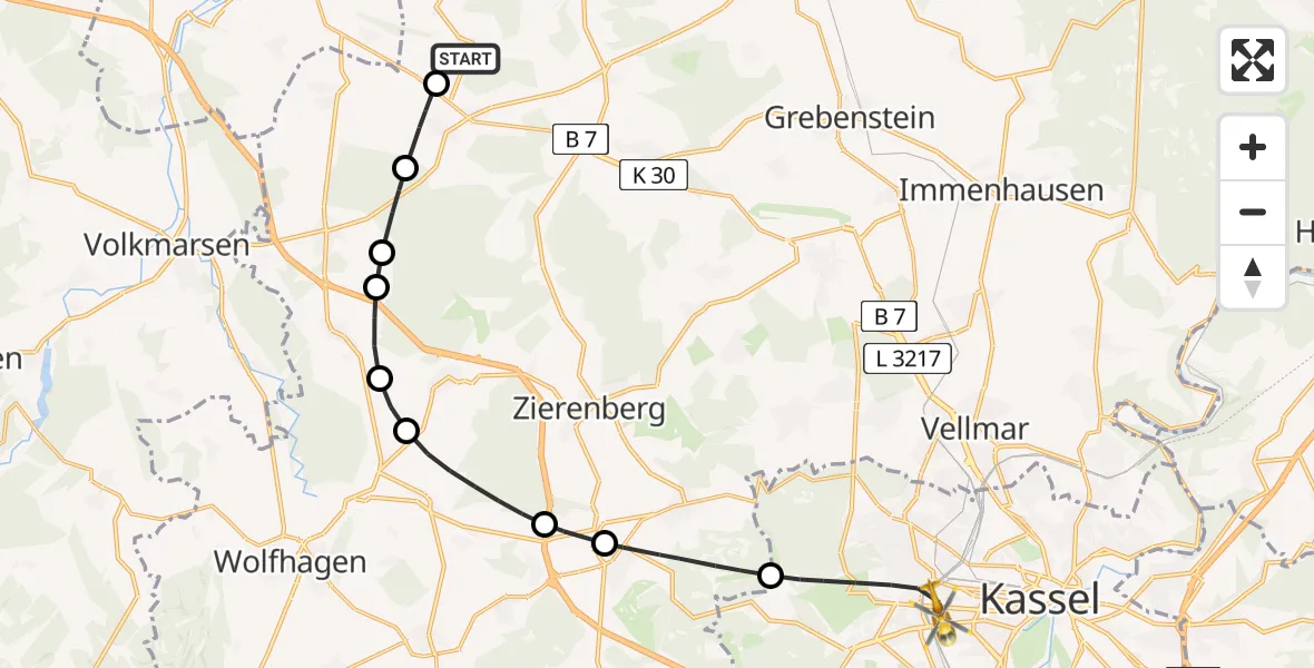 Flugroute Rettungshubschrauber Liebenau - Kassel, 12 Juli 2026, 08:01