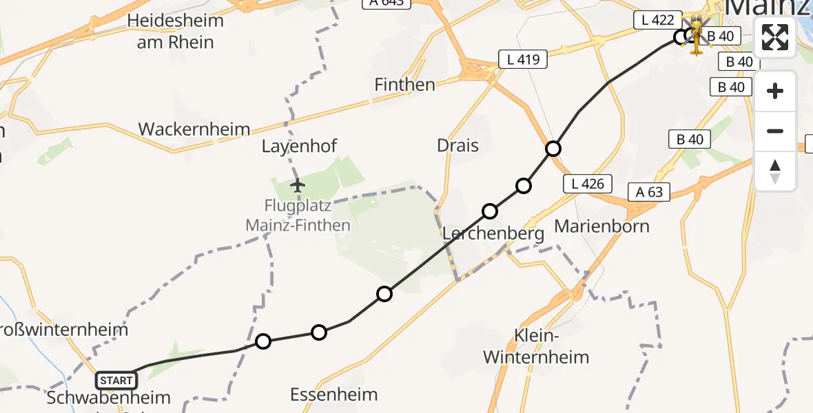 Flugroute Rettungshubschrauber Schwabenheim an der Selz - Mainz University Hospital, 12 Juli 2026, 08:01