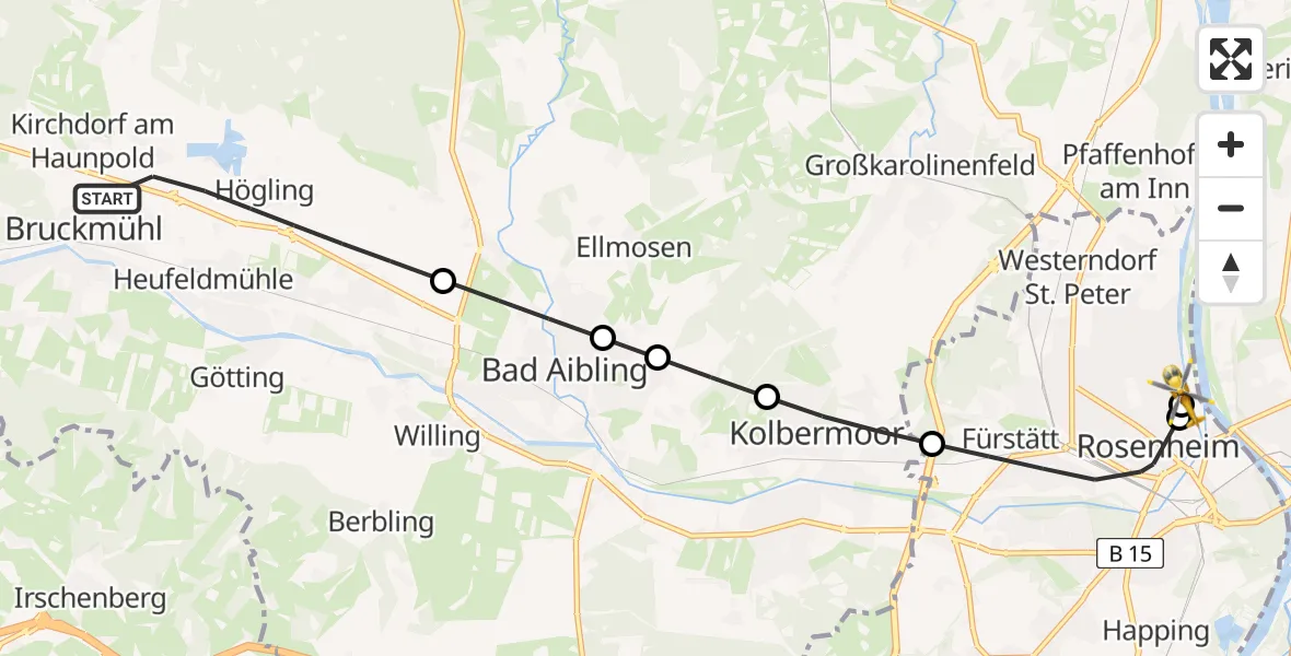 Flugroute Rettungshubschrauber Bruckmühl - RoMed Hospital Rosenheim, 12 Juli 2026, 08:02