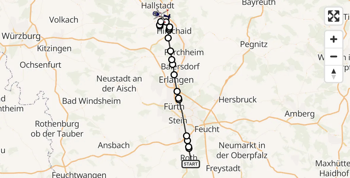 Flugroute Polizeihubschrauber Roth - Bamberg, 12 Juli 2026, 08:02
