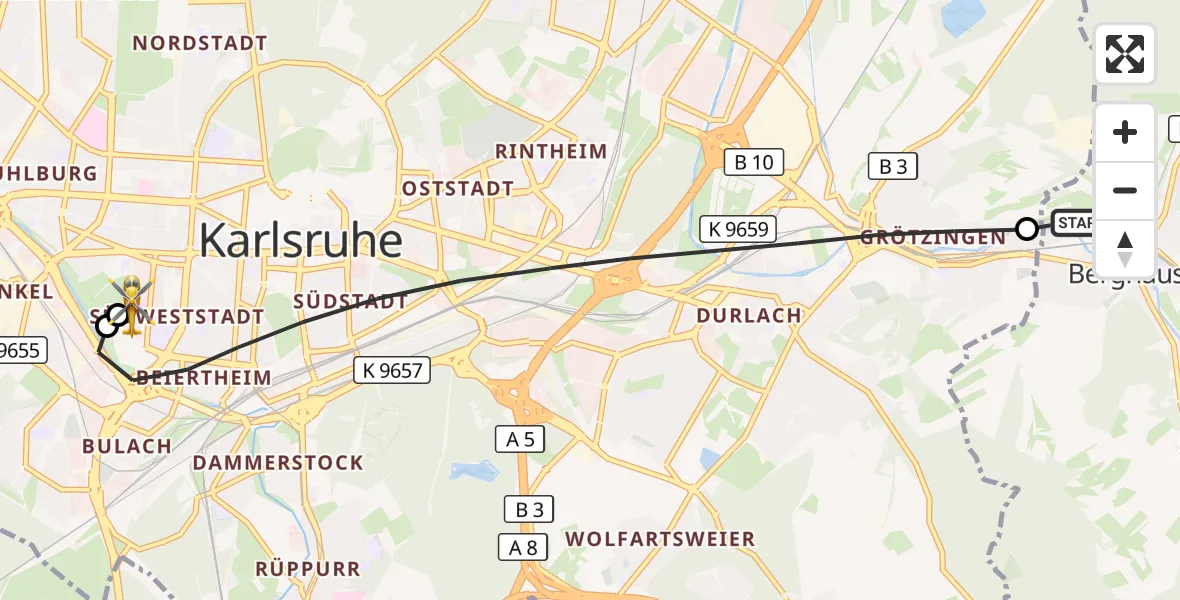 Flugroute Ambulanzhubschrauber Pfinztal - Sankt Vincentius Hospital, 12 Juli 2026, 08:08