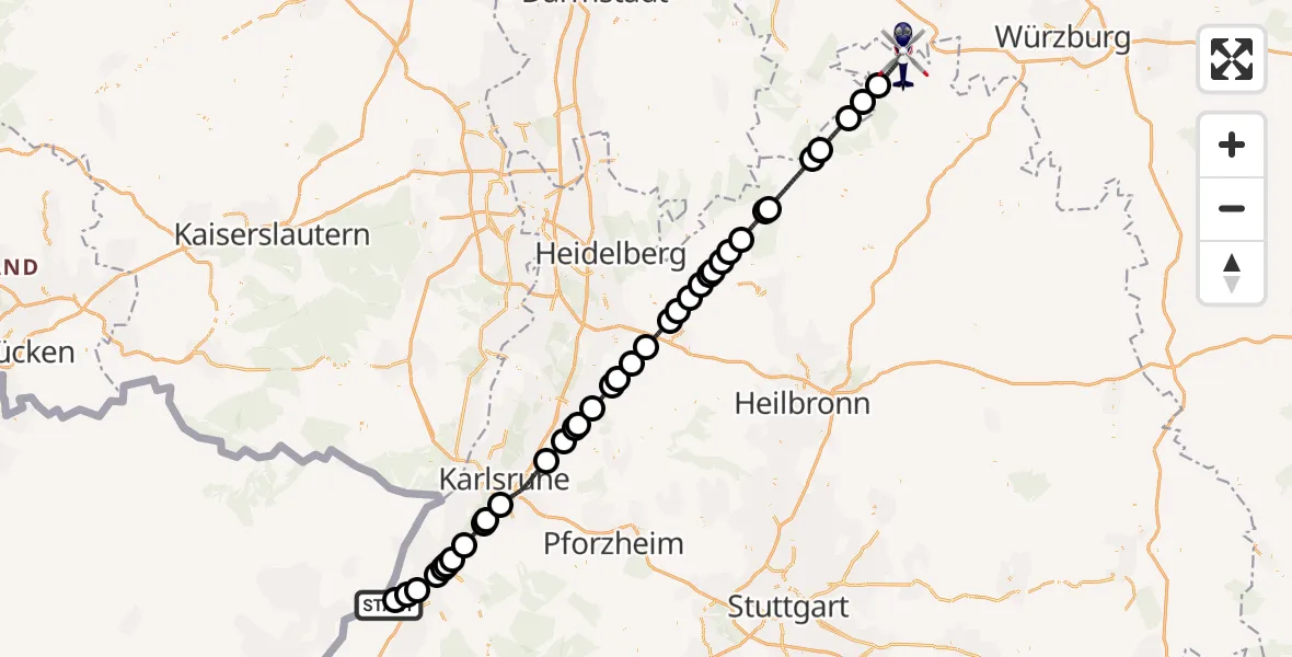 Flugroute Polizeihubschrauber Karlsruhe Baden-Baden Flughafen - Wertheim, 12 Juli 2026, 08:11