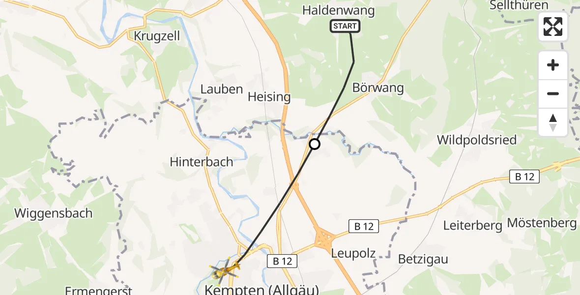Flugroute Rettungshubschrauber Haldenwang - Kempten (Allgäu), 12 Juli 2026, 08:16