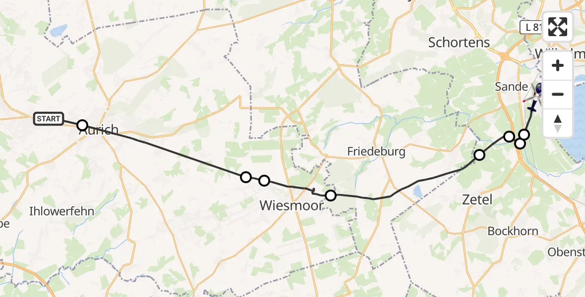 Flugroute Polizeihubschrauber Südbrookmerland - Sande, 12 Juli 2026, 08:21