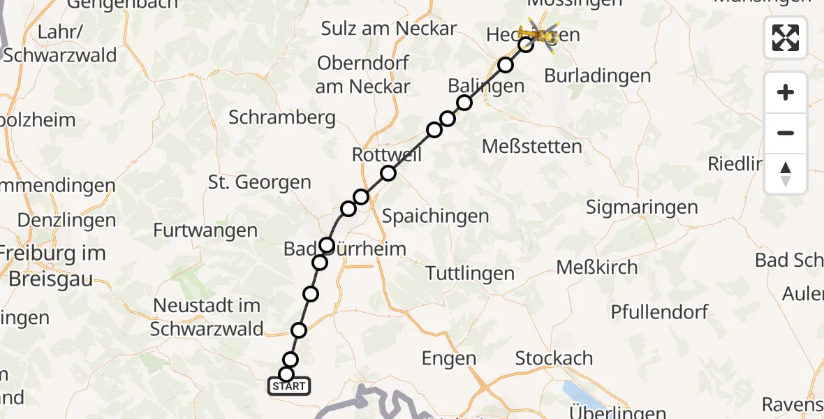 Flugroute Ambulanzhubschrauber Bonndorf im Schwarzwald - Hechingen, 12 Juli 2026, 08:24
