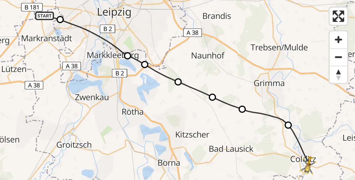 Flugroute Rettungshubschrauber Markranstädt - Colditz, 12 Juli 2026, 08:25