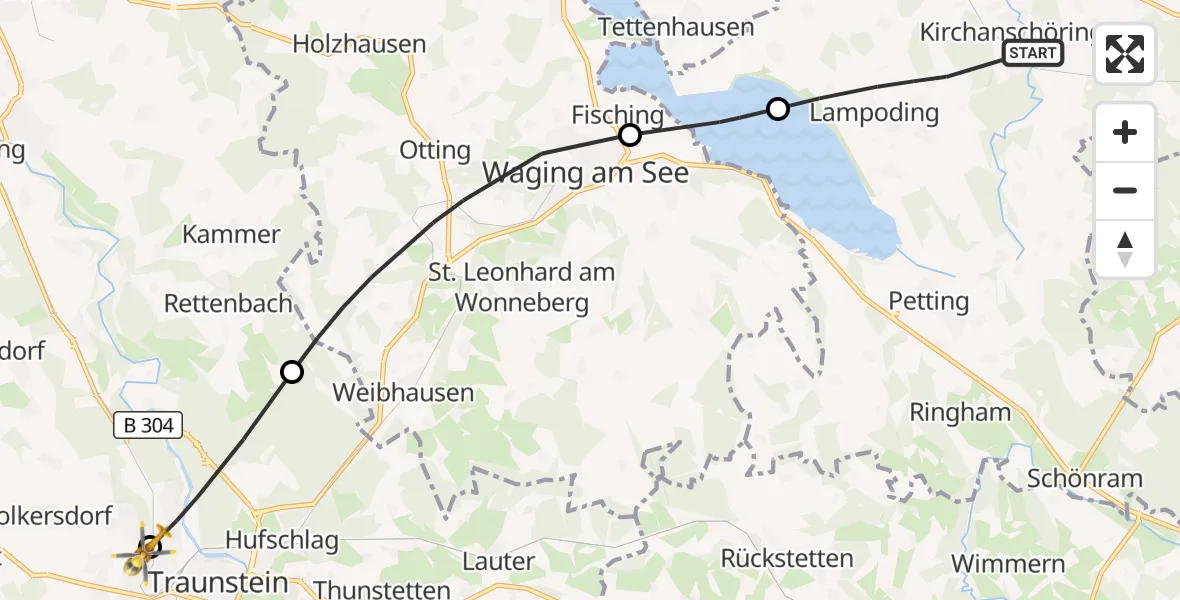 Flugroute Rettungshubschrauber Kirchanschöring - Traunstein Hospital, 12 Juli 2026, 08:25