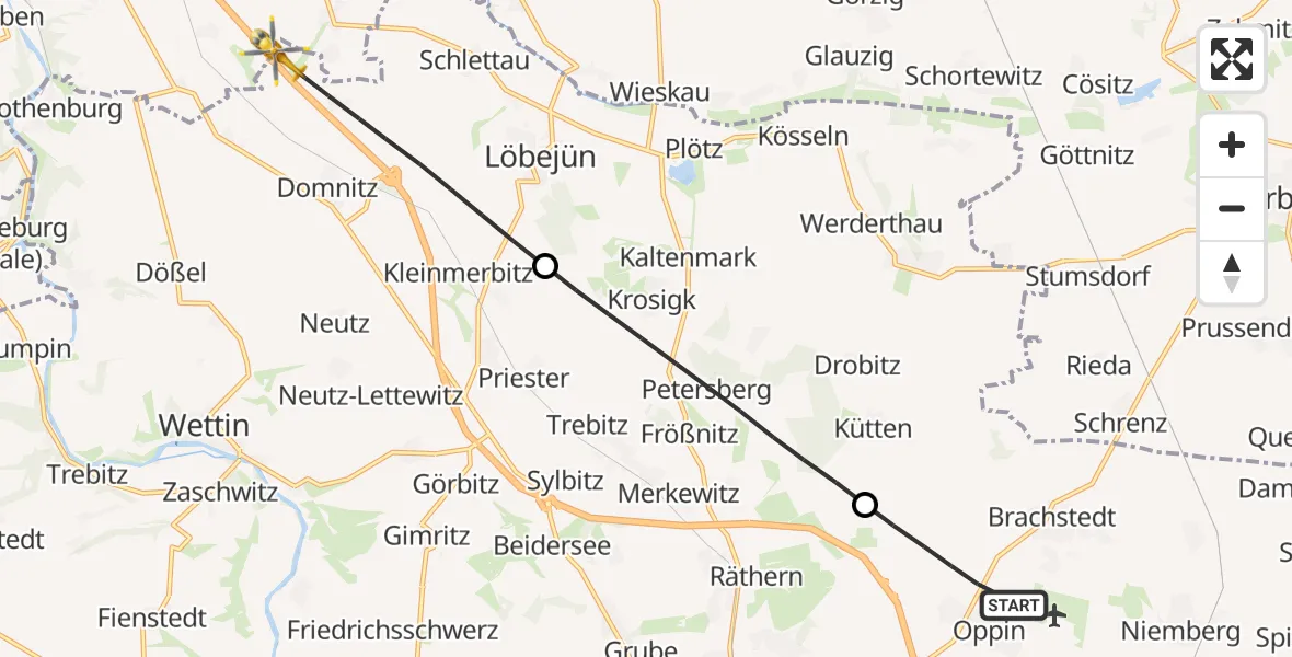 Flugroute Rettungshubschrauber Landsberg - Wettin-Löbejün, 12 Juli 2026, 08:27