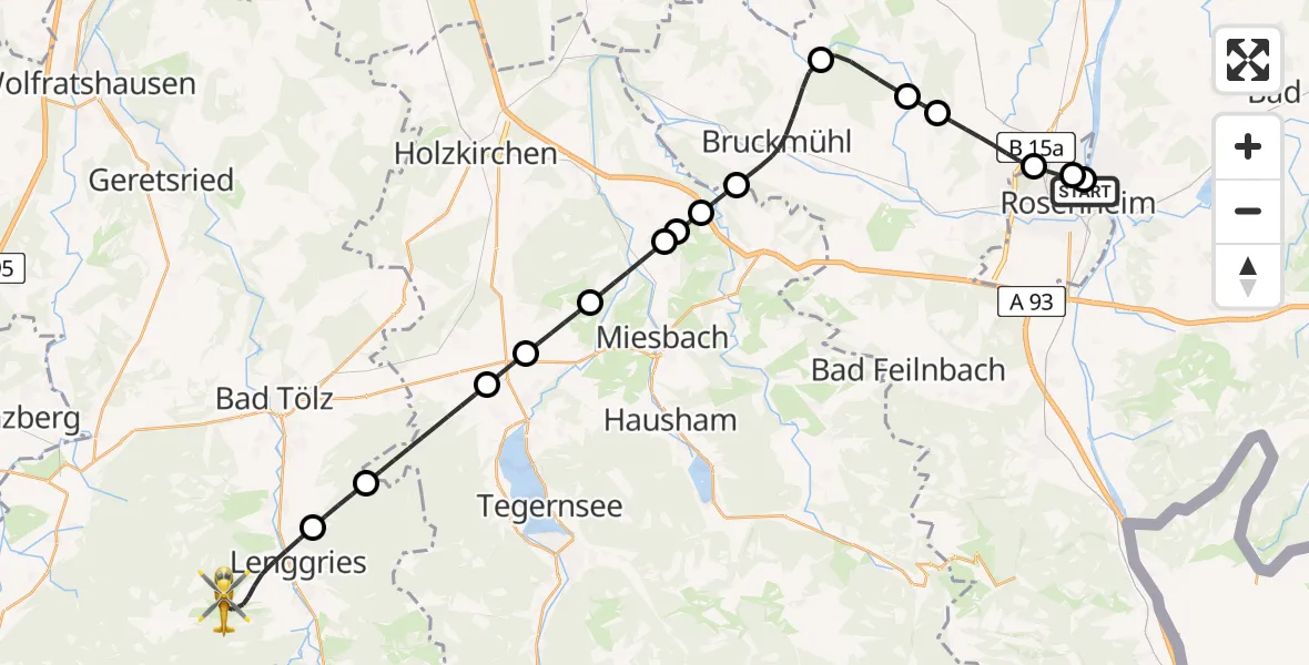 Flugroute Rettungshubschrauber RoMed Hospital Rosenheim - Lenggries, 12 Juli 2026, 08:27