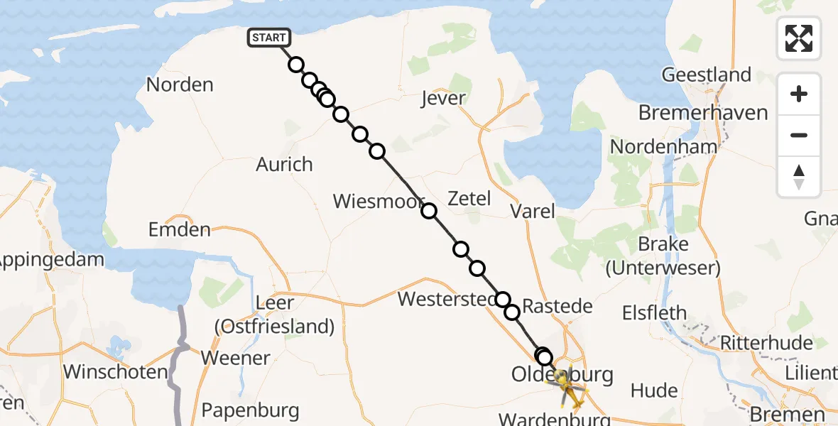 Flugroute Rettungshubschrauber Dornum - Oldenburg (Oldb), 12 Juli 2026, 08:27