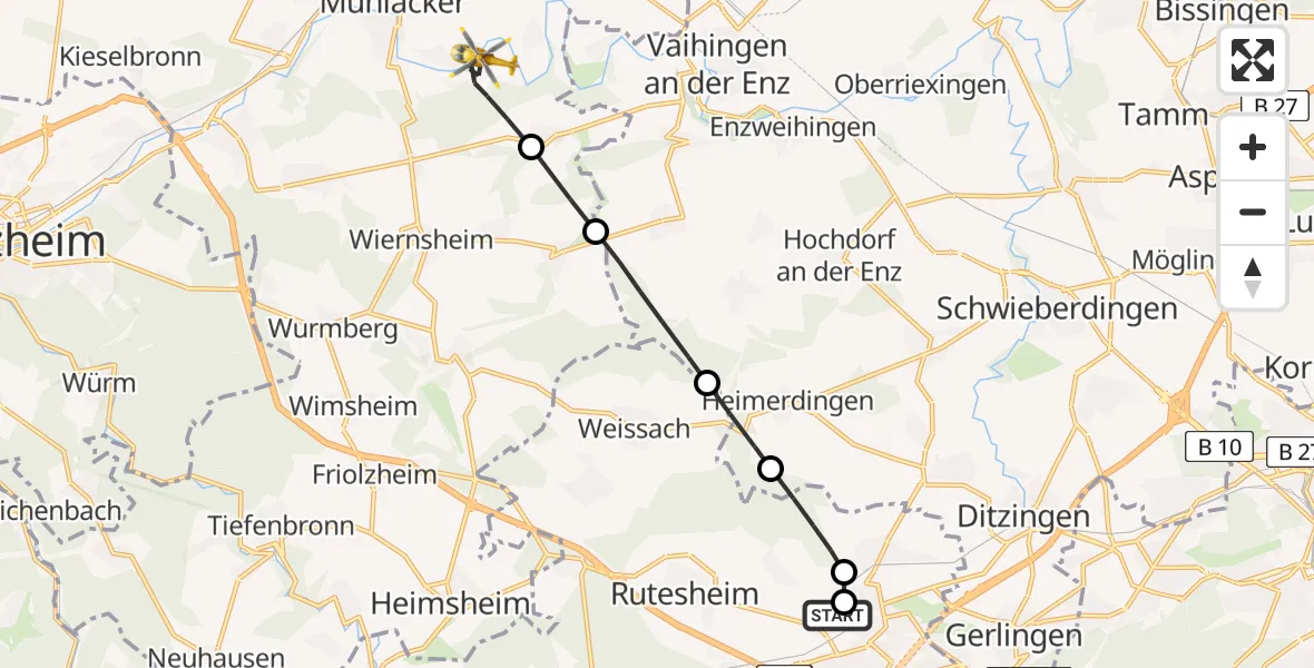Flugroute Rettungshubschrauber Leonberg Hospital - Mühlacker, 12 Juli 2026, 08:30