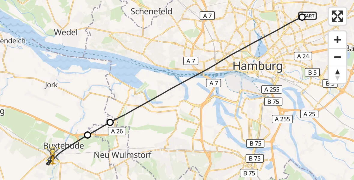 Flugroute Rettungshubschrauber Hamburg Military Hospital - Buxtehude, 12 Juli 2026, 08:32