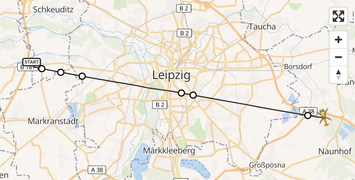 Flugroute Rettungshubschrauber ADAC Air Rescue Station Leipzig/Schkeuditz-Dölzig Hubschrauberlandeplatz (Christoph 61) - Naunhof, 12 Juli 2026, 08:35