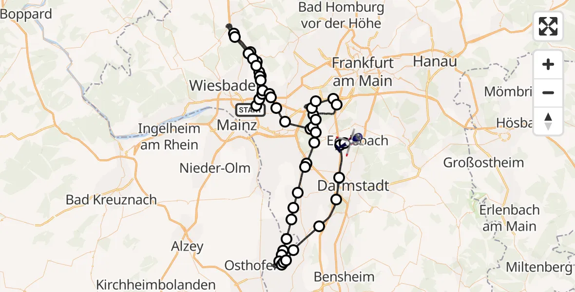 Flugroute Polizeihubschrauber Wiesbaden - Flughafen Frankfurt-Egelsbach, 12 Juli 2026, 08:36
