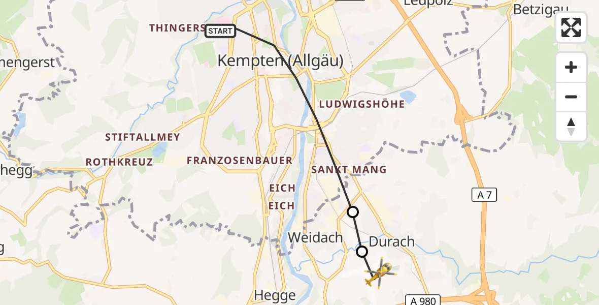 Flugroute Rettungshubschrauber Kempten (Allgäu) - Kempten-Durach Flugplatz, 12 Juli 2026, 08:46