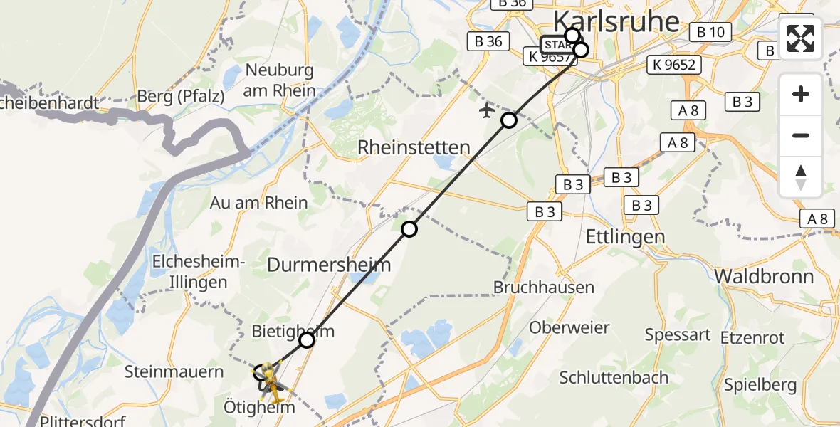 Flugroute Ambulanzhubschrauber Sankt Vincentius Hospital - Ötigheim, 12 Juli 2026, 08:52