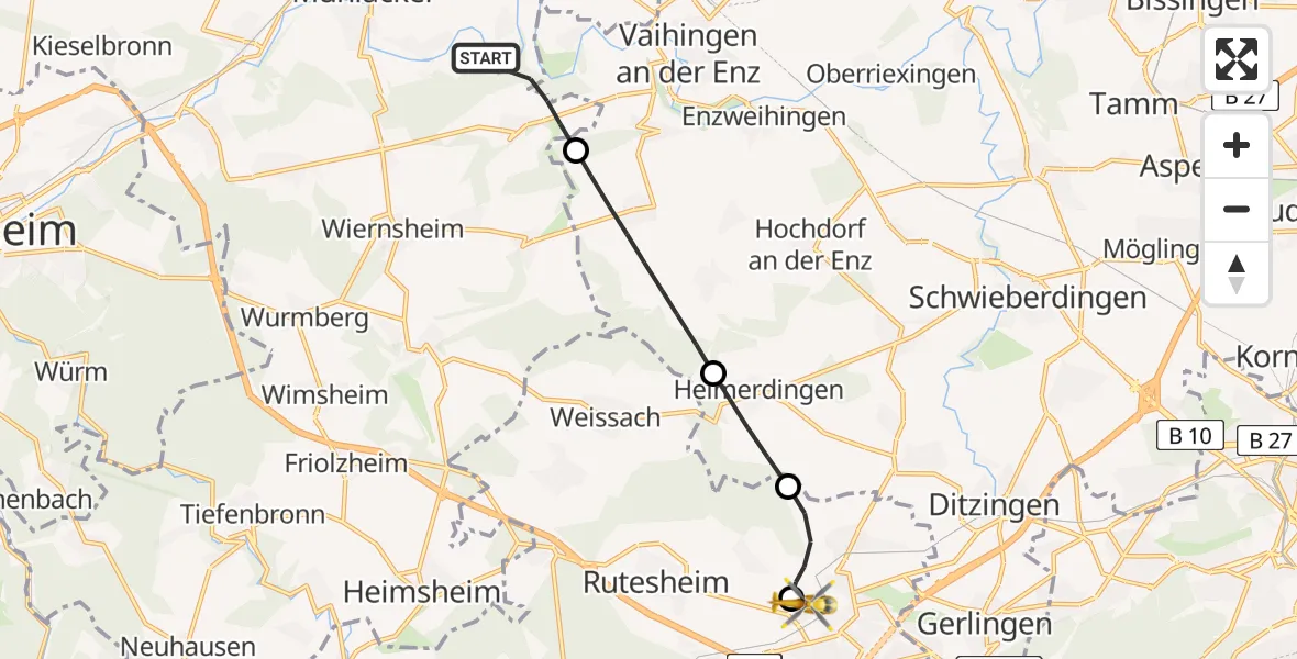 Flugroute Rettungshubschrauber Mühlacker - Leonberg Hospital, 12 Juli 2026, 08:58