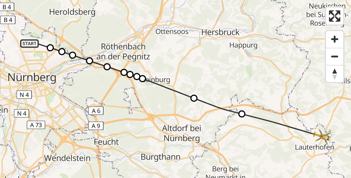 Flugroute Ambulanzhubschrauber Flughafen Nuremberg - Lauterhofen, 12 Juli 2026, 09:03