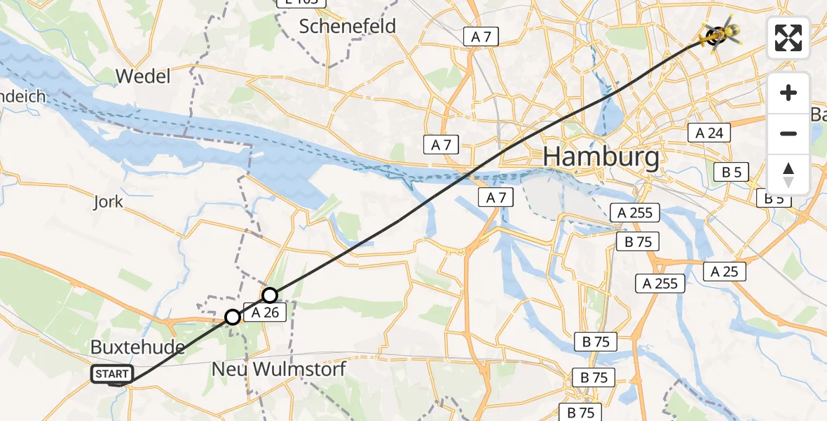 Flugroute Rettungshubschrauber Buxtehude - Hamburg Military Hospital, 12 Juli 2026, 09:10
