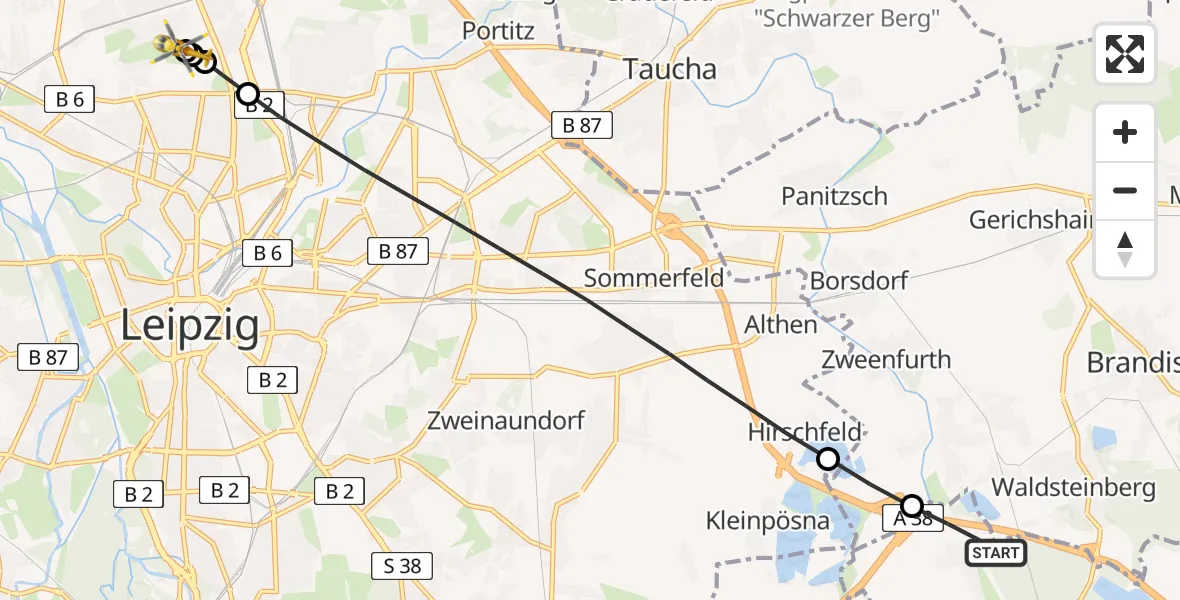Flugroute Rettungshubschrauber Naunhof - Sankt Georg Hospital Leipzig Reserve, 12 Juli 2026, 09:12
