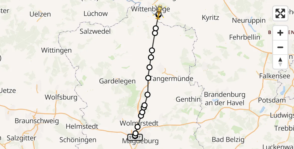 Flugroute Rettungshubschrauber Magdeburg Hospital - Bad Wilsnack, 12 Juli 2026, 09:12