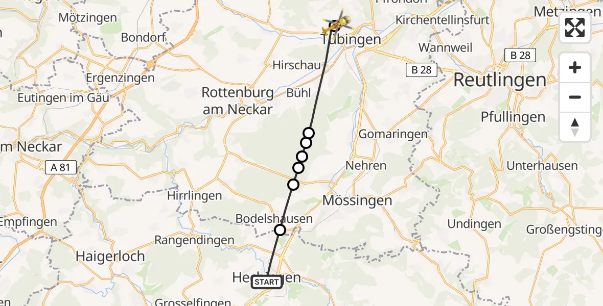 Flugroute Ambulanzhubschrauber Hechingen - Tübingen University Hospital, 12 Juli 2026, 09:14