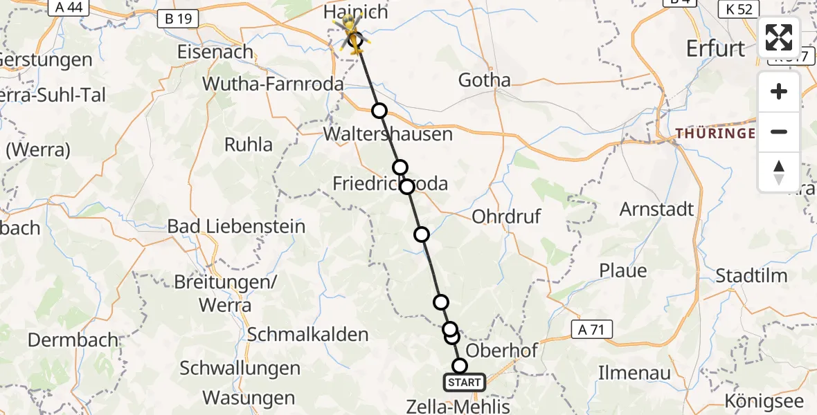 Flugroute Rettungshubschrauber Zella-Mehlis - Nessetal, 12 Juli 2026, 09:19