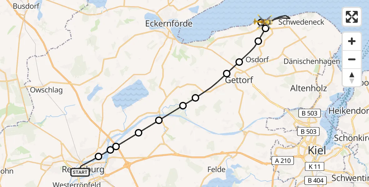 Flugroute Ambulanzhubschrauber Rendsburg - Schwedeneck, 12 Juli 2026, 09:20