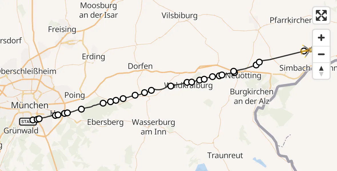 Flugroute Rettungshubschrauber Perlacher Forst - Wittibreut, 12 Juli 2026, 09:22