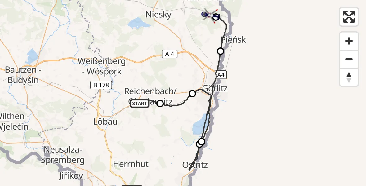 Flugroute Polizeihubschrauber Reichenbach/O.L. - Rothenburg/O.L., 12 Juli 2026, 09:25
