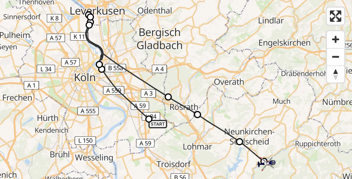 Flugroute Polizeihubschrauber Köln Bonn Flughafen - Ruppichteroth, 12 Juli 2026, 09:30