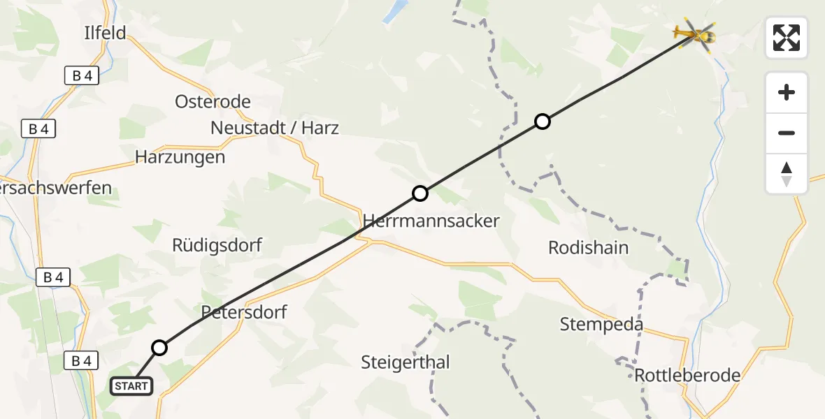 Flugroute Rettungshubschrauber Südharz Hospital Nordhausen - Südharz, 12 Juli 2026, 09:32
