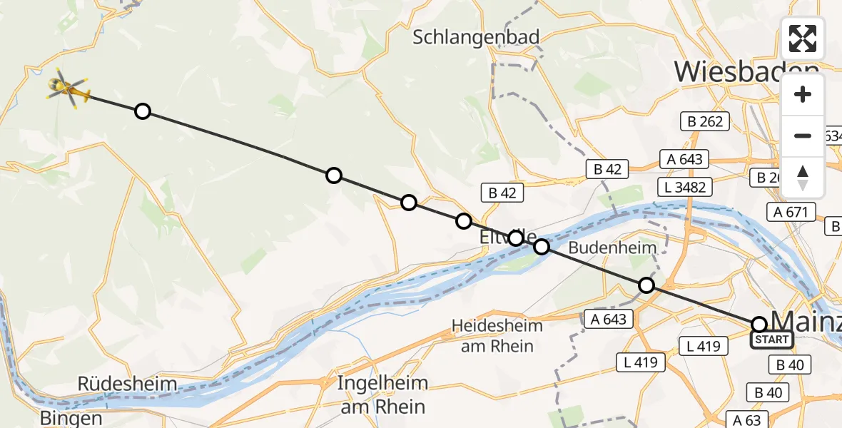 Flugroute Rettungshubschrauber Mainz University Hospital - Geisenheim, 12 Juli 2026, 09:33