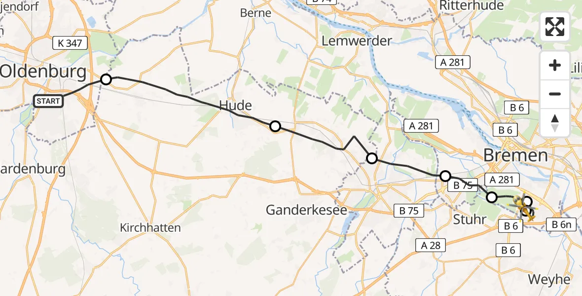 Flugroute Rettungshubschrauber Oldenburg (Oldb) - ADAC Air Rescue Station Bremen Hubschrauberlandeplatz (Christoph 6), 12 Juli 2026, 09:34