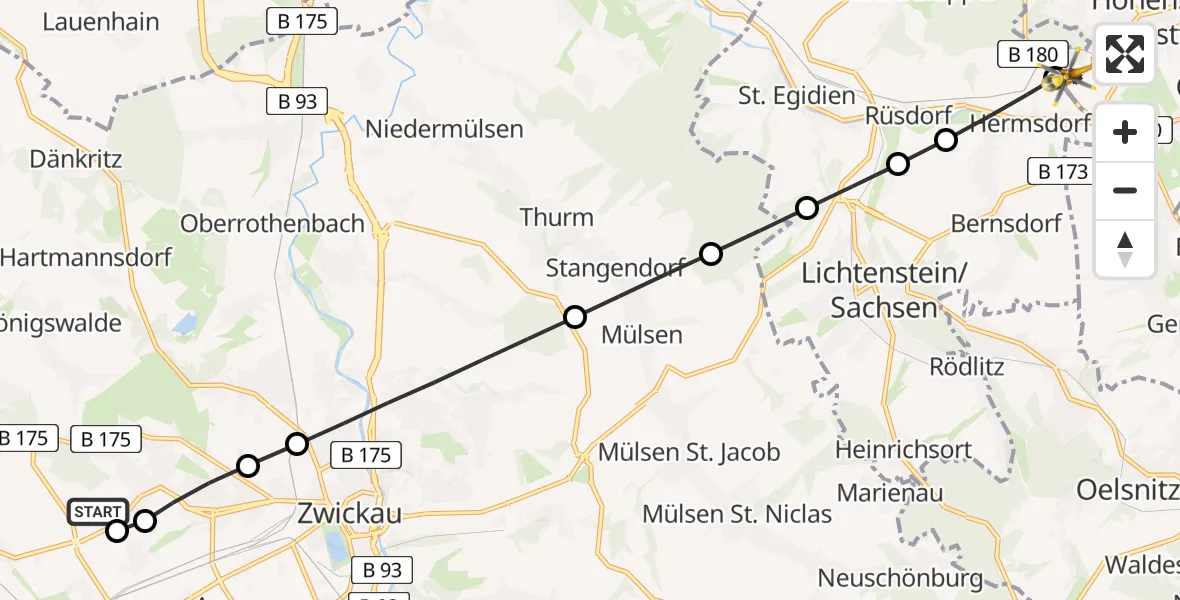 Flugroute Rettungshubschrauber ADAC Air Rescue Station Zwickau Hubschrauberlandeplatz - Sachsenring Hubschrauberlandeplatz, 12 Juli 2026, 09:47