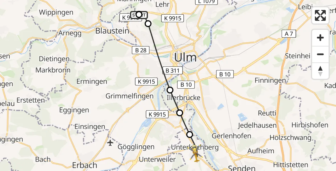 Flugroute Rettungshubschrauber Ulm Military Hospital Emergency - Illerkirchberg, 12 Juli 2026, 09:48