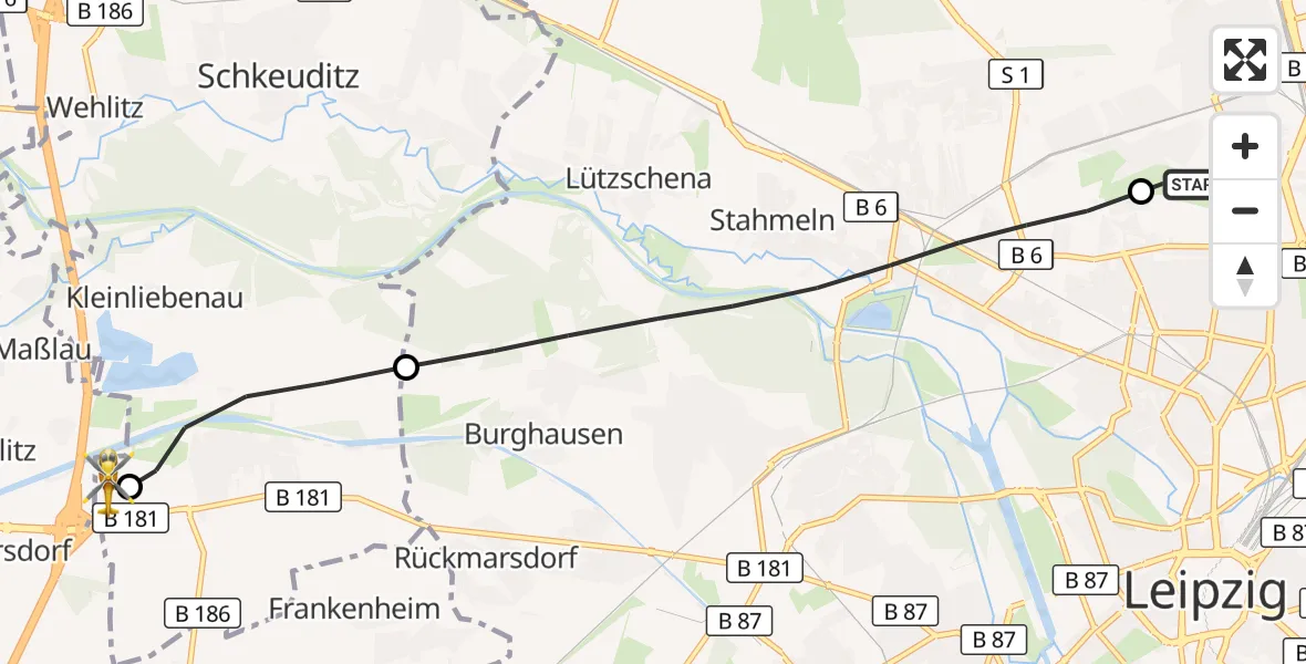 Flugroute Rettungshubschrauber Sankt Georg Hospital Leipzig Reserve - ADAC Air Rescue Station Leipzig/Schkeuditz-Dölzig Hubschrauberlandeplatz (Christoph 61), 12 Juli 2026, 09:50