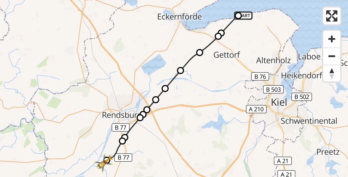 Flugroute Ambulanzhubschrauber Schwedeneck - Hörsten, 12 Juli 2026, 09:53